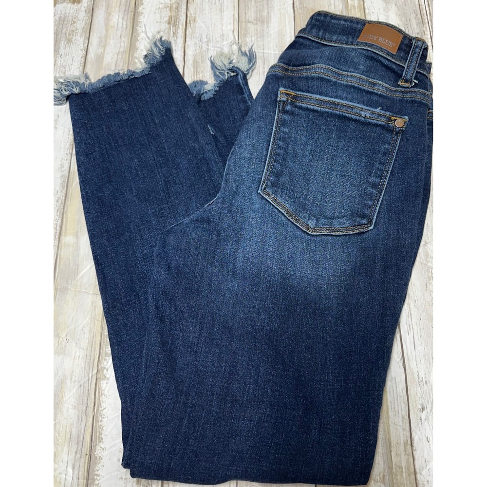 Judy Blue Los Angeles Slim Fit Dark Wash Distressed Frayed Hem Jeans Size 3 26